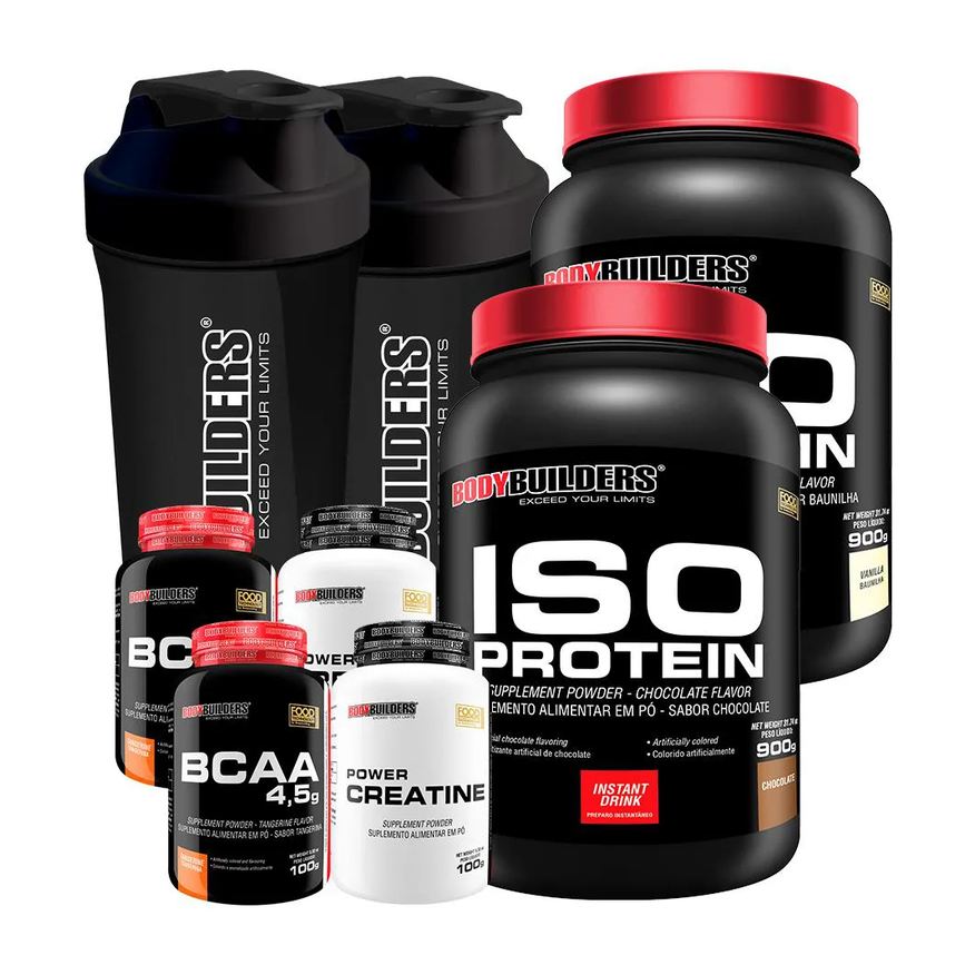 Bodybuilders Kit 2x Iso Protein 900g + 2x Bcaa 4.5 100g + 2x Power Creatina 100g + 2x Coqueteleira - Chocolate e Baunilha