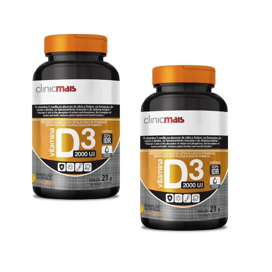 Clinic Mais Kit 2x Vitamina D3 2000ui 30 cápsulas Clinicmais sem Sabor