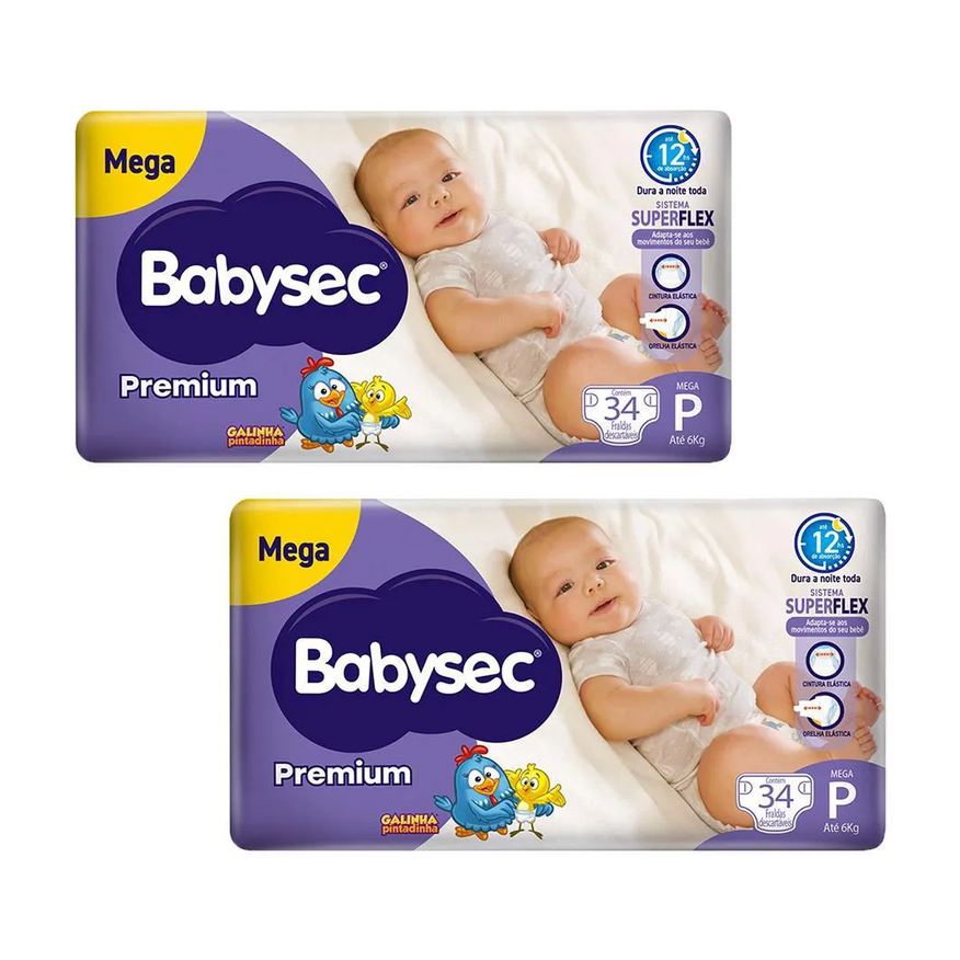 Babysec Kit 2 Fraldas Galinha Pintadinha Premium Tamanho P 34 Unidades Cada