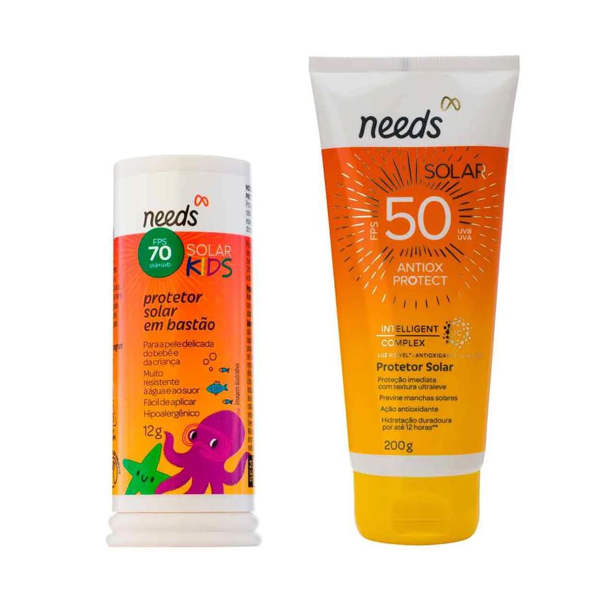 Needs Kit Protetor Solar Corporal FPS 50 Antiox Protect 200g + Infantil FPS 70 Kids Bastão 12g