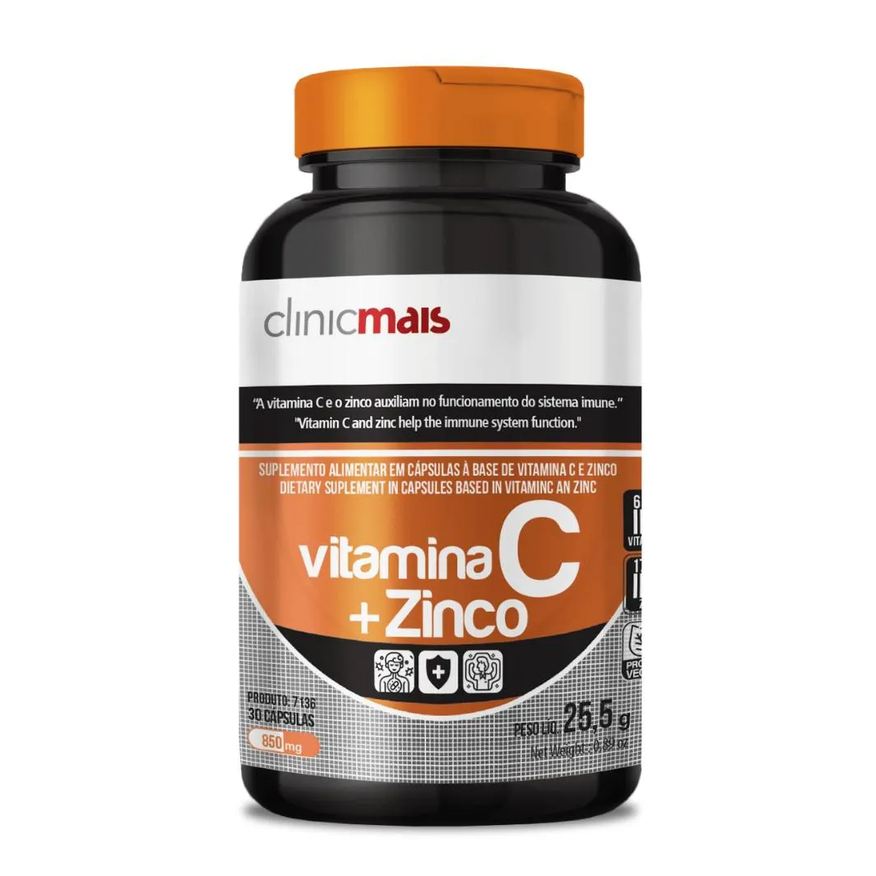 Clinic Mais Vitamina C (ácido Ascórbico) com Zinco 30 cápsulas 850mg Clinicmais
