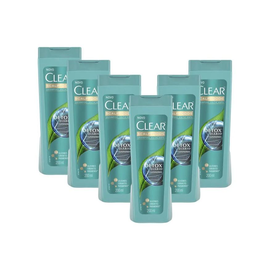 Clear Kit 6 Shampoos Anticaspa Detox Diário 200ml