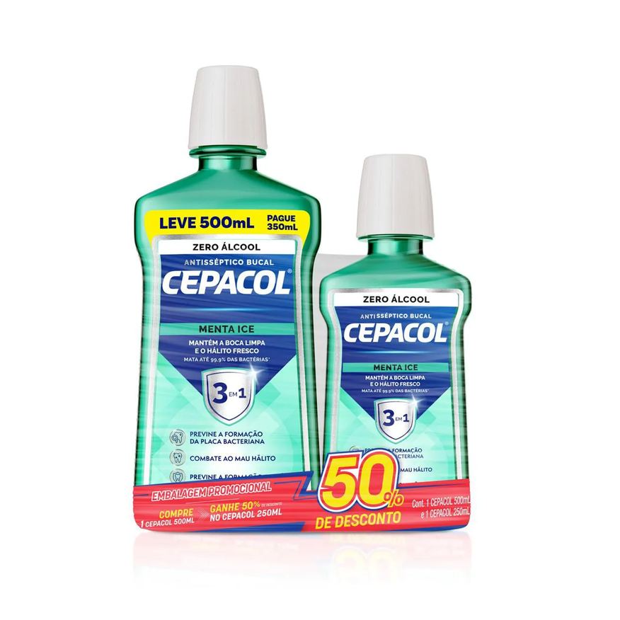 Cepacol Kit Enxaguante Antisséptico Bucal Menta Ice Sem Álcool 500ml + 250ml