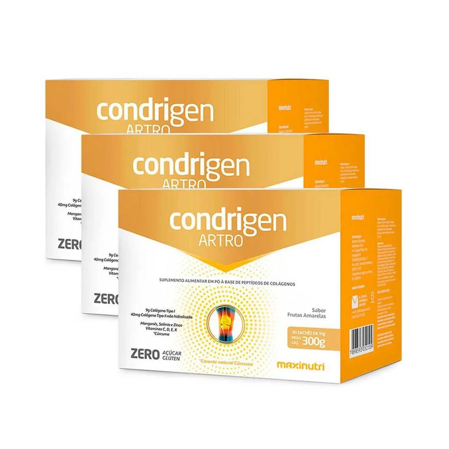 Maxinutri Kit 3 Condrigen Artro Colágeno Tipo 1 e 2 Frutas Amarelas 30 Sachês