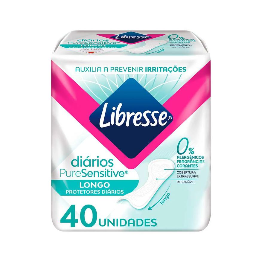 Diário Protetor Libresse Pure Sensitive Longo Sem Fragrância 40 unidades