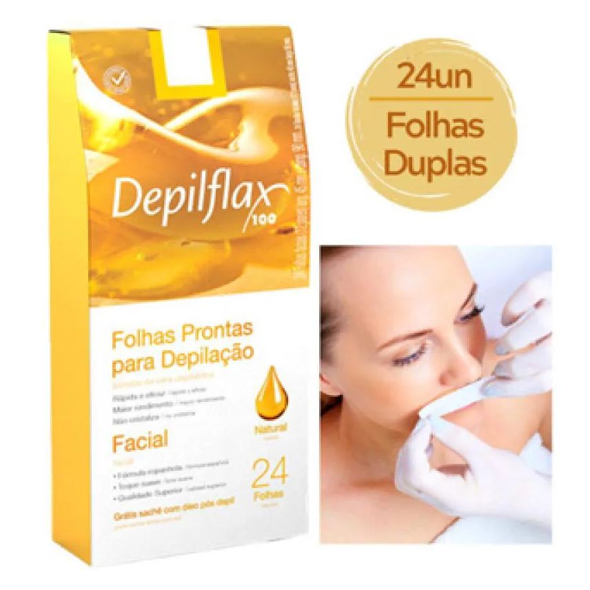 Natura Folhas Prontas Depilatórias Buço e Face Naturais de Mel Depilflax 24 Folhas Duplas Depilação Profissional Pronta para Uso