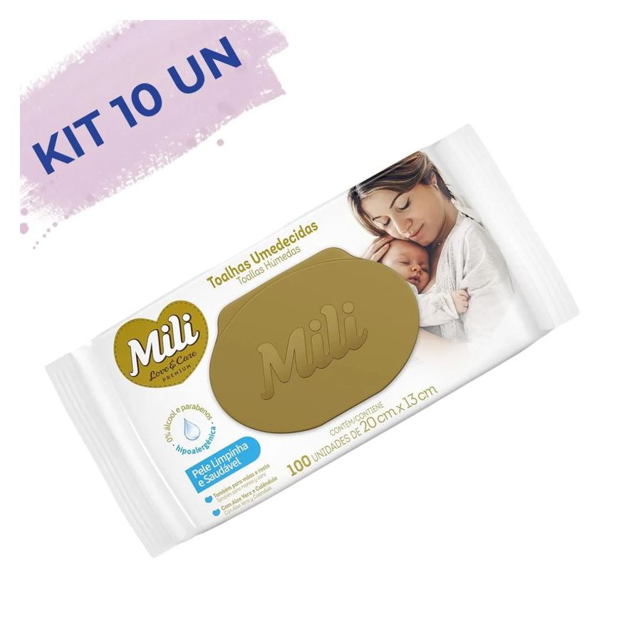 Mili Kit Lenço Umedecido Love & Care Premium 10 Pacotes de 100 Unidades