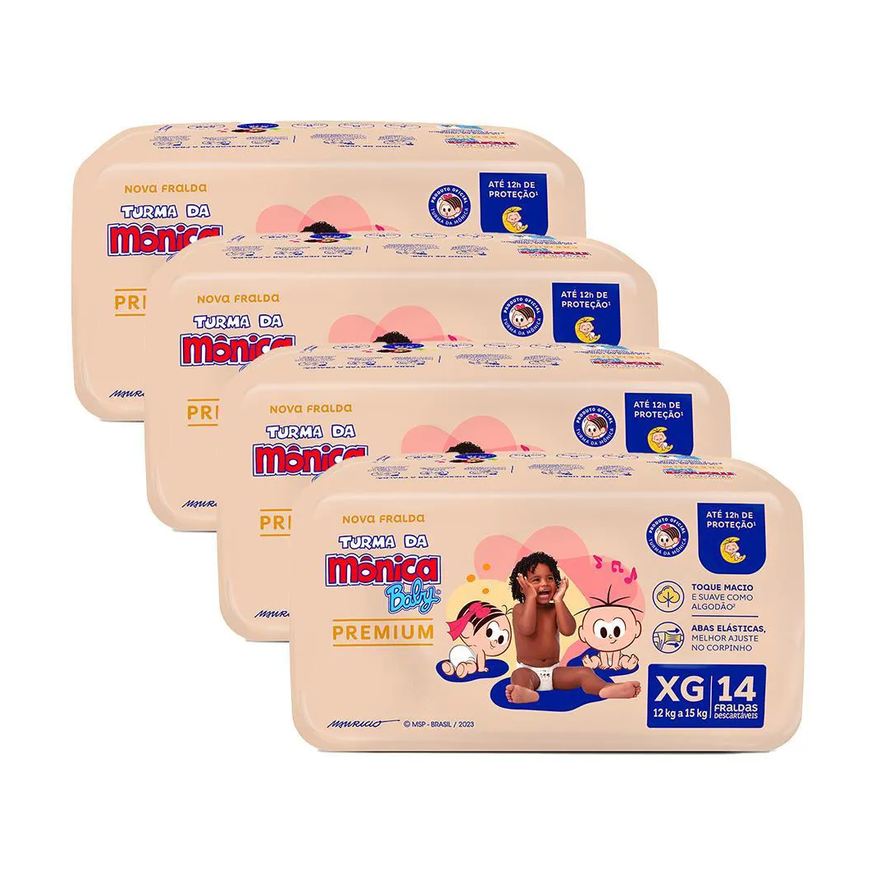 Turma da Mônica Baby Kit 4 Fralda Premium Jumbo XG com 14un cada