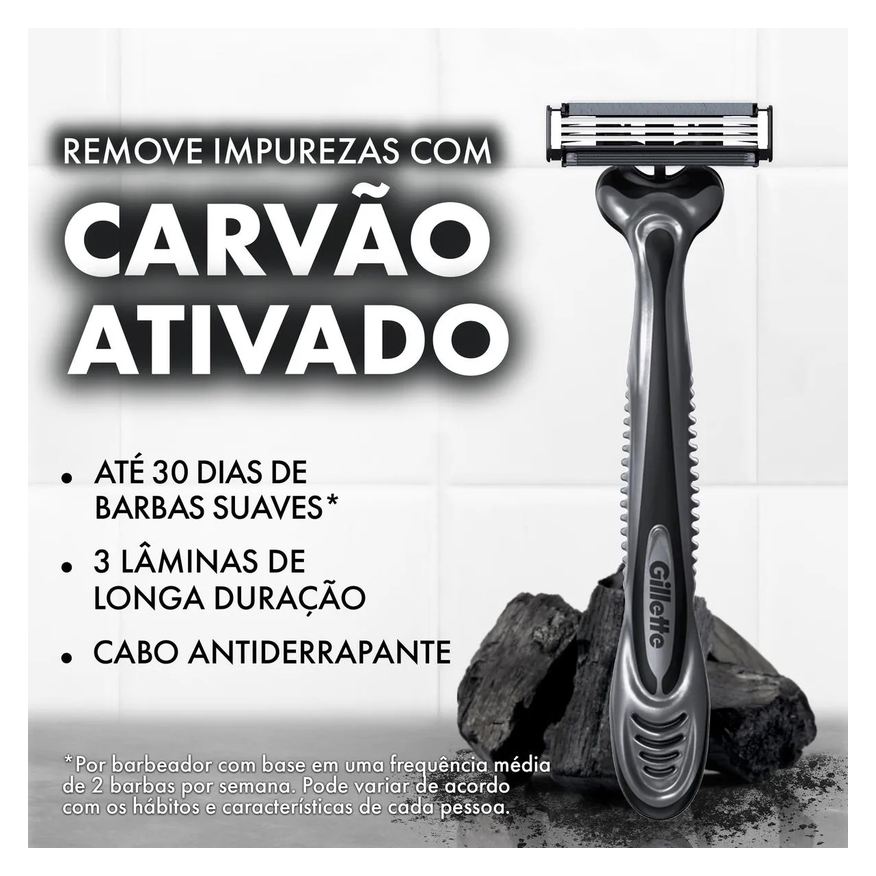 Gillette Aparelho de Barbear Descartável Prestobarba 3 Carvão Ativado 2 unidades
