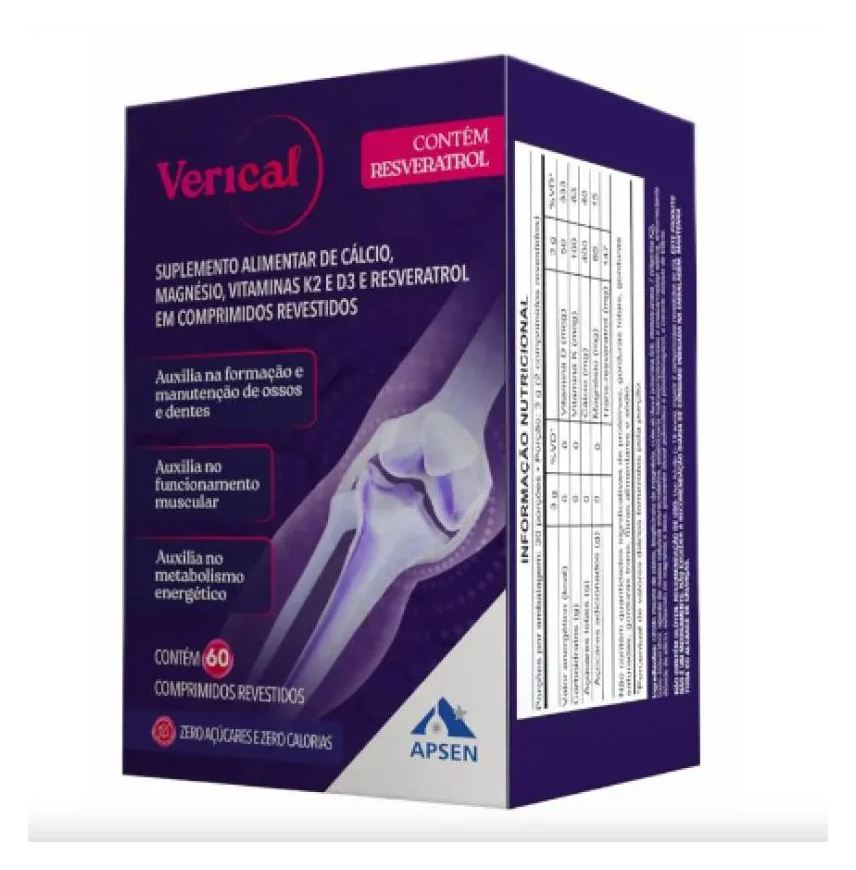 Apsen Verical Resveratrol + Citrato Malato de Cálcio + Magnésio + Vitamina D3 + K2 C/60 cápsulas
