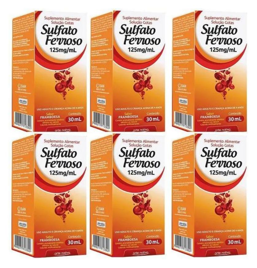 Arte Nativa Kit C/6 Sulfato Ferroso Gotas 125mg 30ml