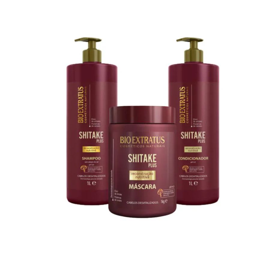 Bio Extratus Kit 1 Shampoo 1 Condicionador 1 Banho de Creme Limpeza Nutritiva Shitake 1L