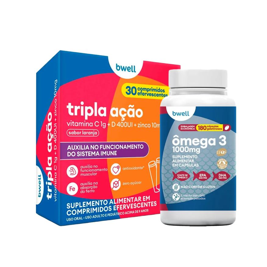 Bwell Kit Ômega 3 180 Cápsulas + Vitamina C Tripla Ação 30 Comprimidos Efervescentes