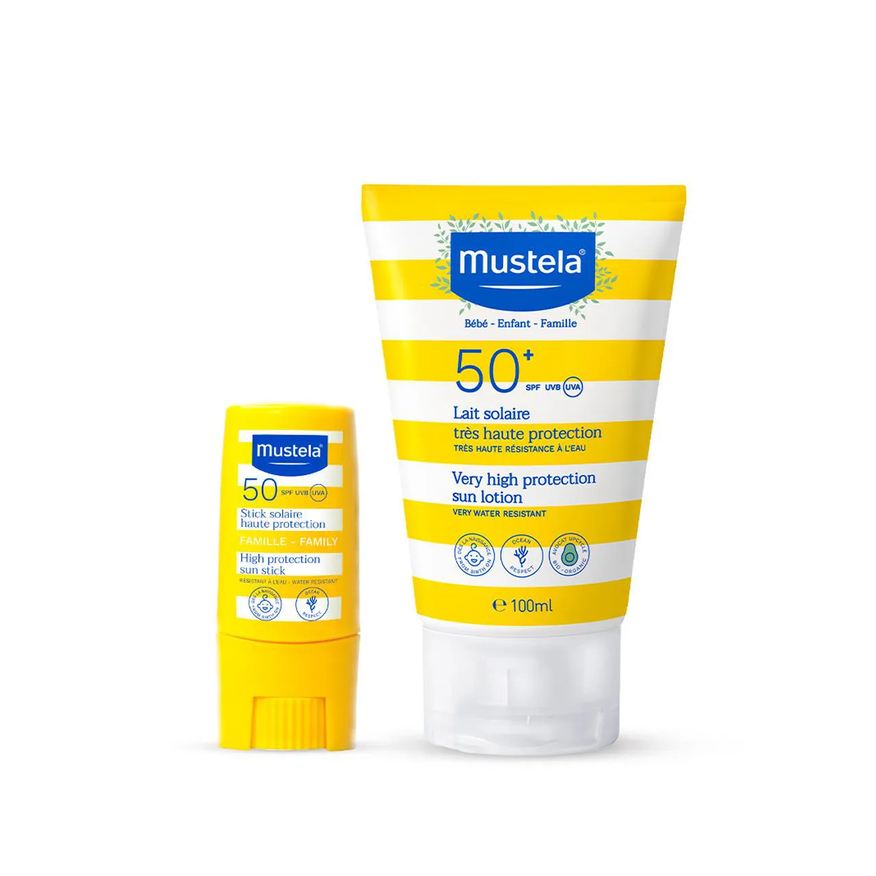 Mustela Kit Infantil Proteção Solar Stick Facial FPS 50 8g + Protetor Solar Rosto e Corpo FPS 50+ 100ml