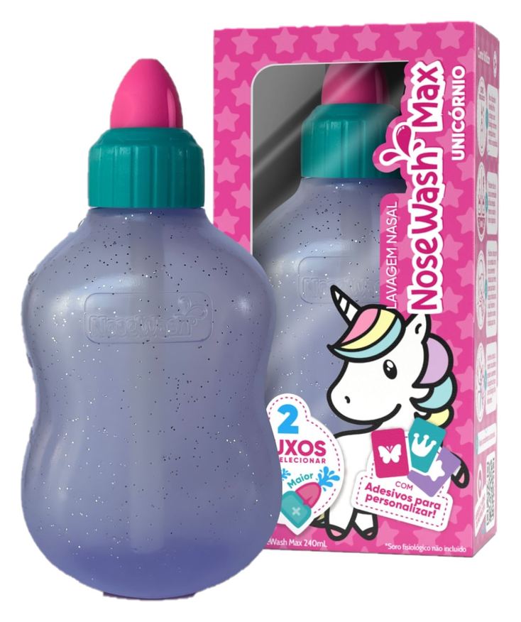 Termoplasticos Dispositivo de Lavagem Nasal Nosewash Max Unicórnio 240ml + Adesivos para Personalizar