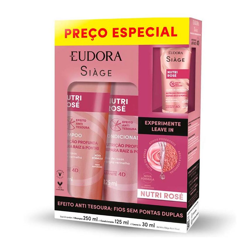 Siage Kit Shampoo Eudora Siàge Nutri Rosé 250ml 1 Uni + Condicionador 125ml 1 Uni + Leave-in Rosé 30ml 1 Uni