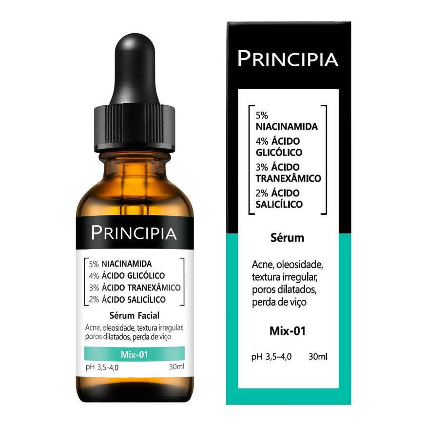 Principia Sérum Facial Mix-01 com Niacinamida 5% Ácido Glicólico 4% Ácido Tranexâmico 3% Ácido Salicílico 2% 30ml