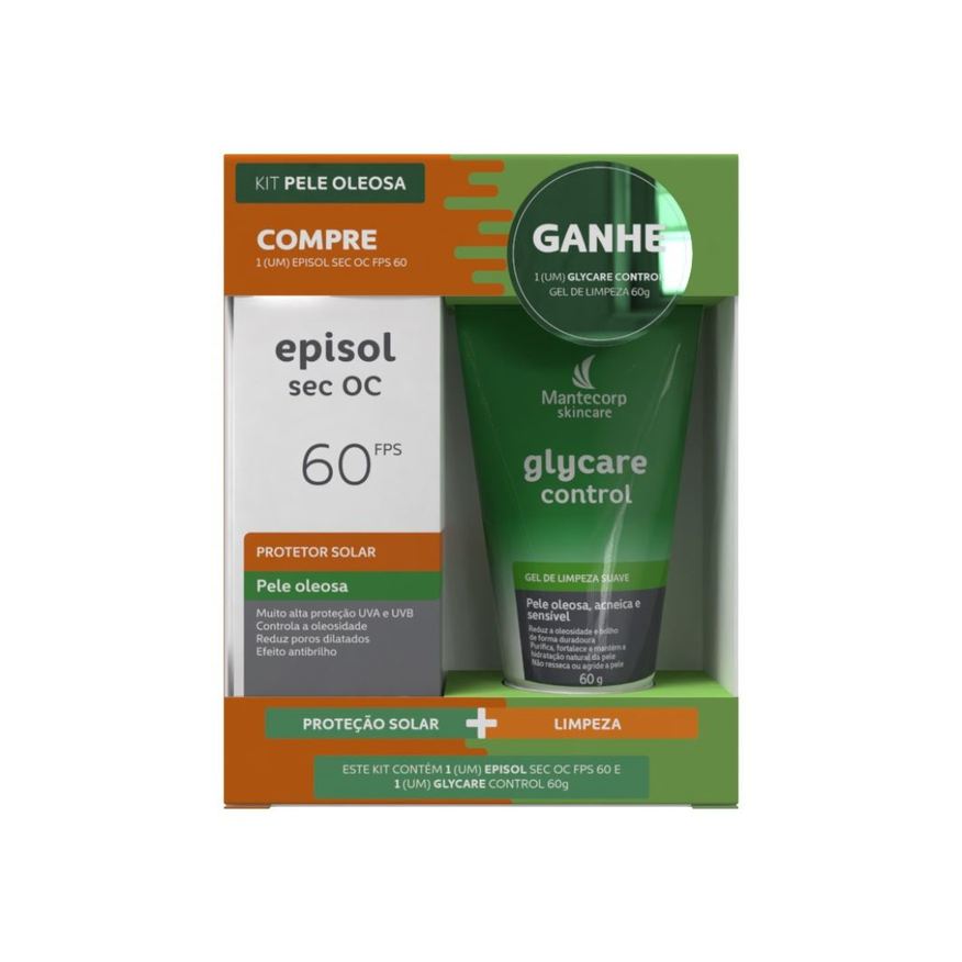 Episol Kit Protetor Solar Facial Sec OC Antioleosidade FPS60 60ml 1 Unidade + Gel de Limpeza Glycare Control 60g 1 Unidade