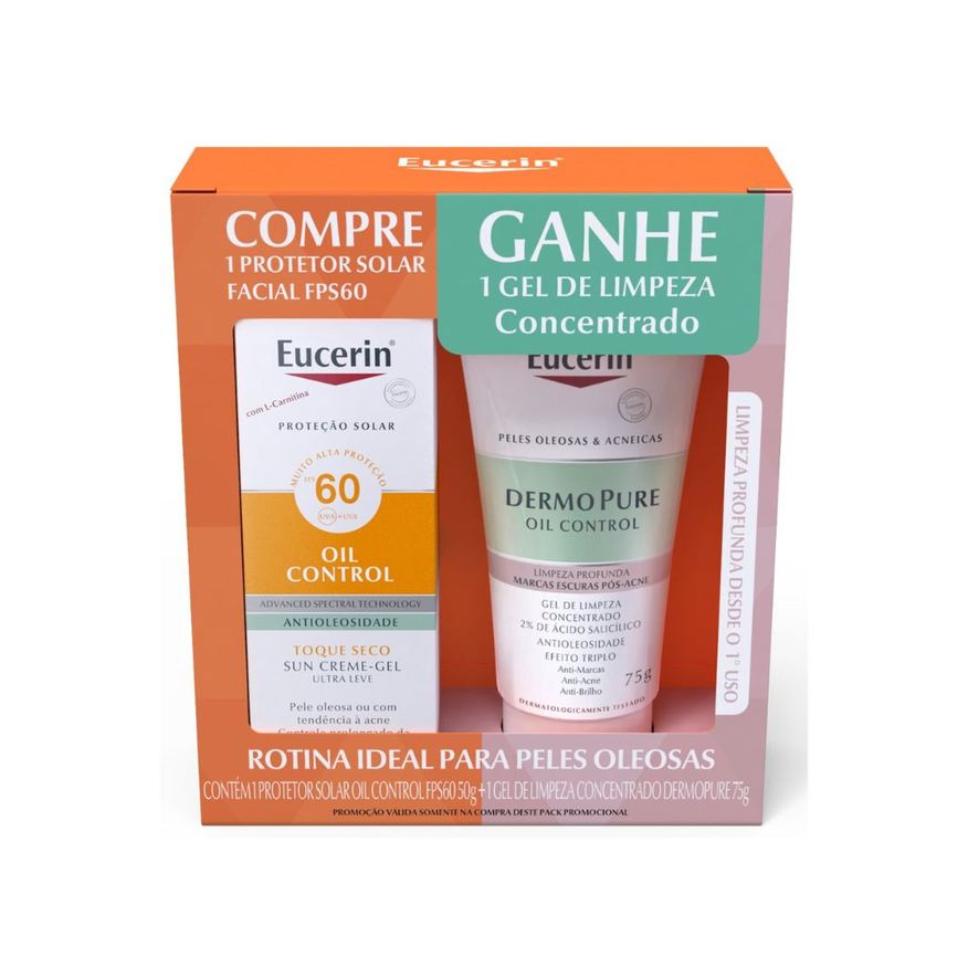 Eucerin Kit Protetor Solar Facial Sun Oil Control FPS60 50g 1 Unidade + Gel de Limpeza Facial Eucerin Dermopure Concentrado 75ml 1 Unidade