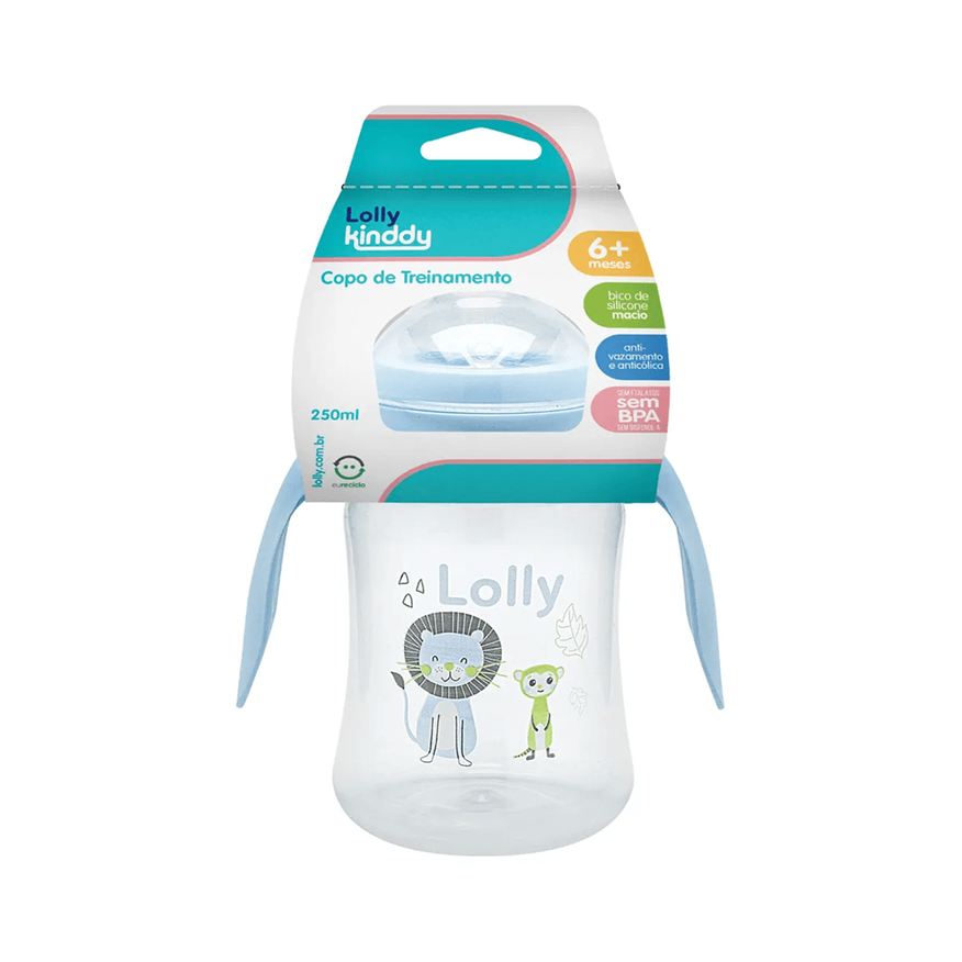 Lolly Copo de Transição Kinddy Zoo +18 meses Antivazamento com Alça Azul 250ml 1 Unidade