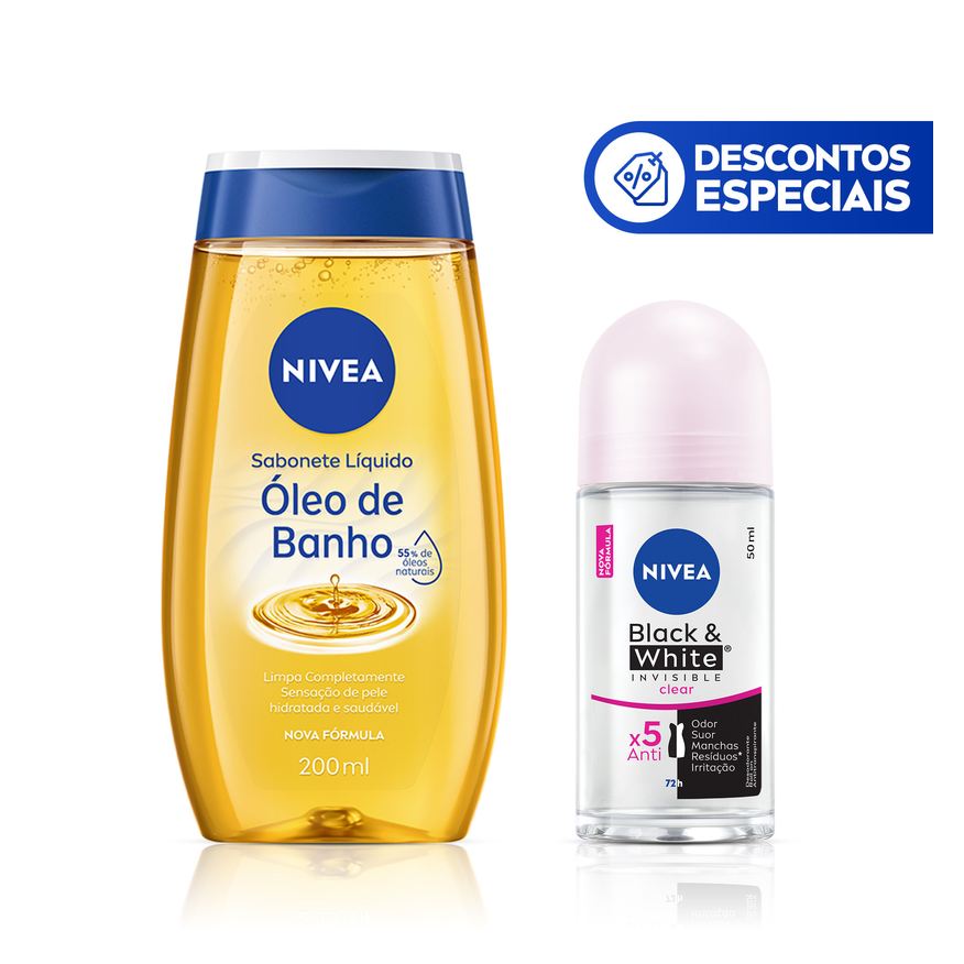 Nivea Kit Sabonete Líquido Óleo de Banho 200ml + Desodorante Antitranspirante Black & White Invisible Clear 72h Roll-On 50ml