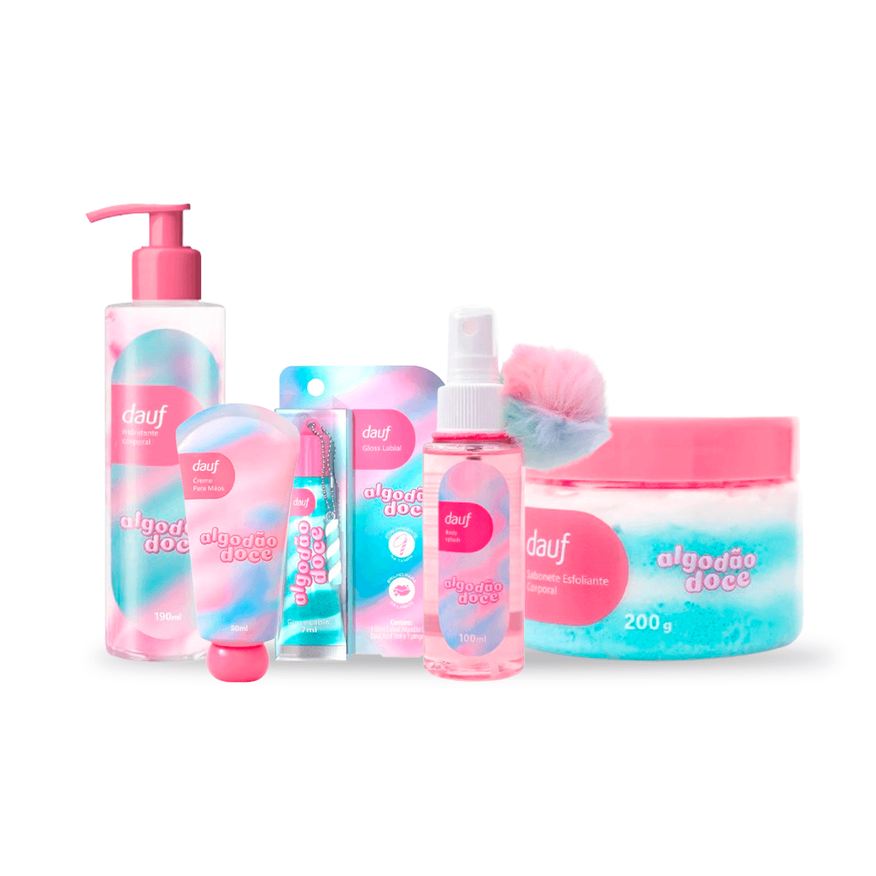 Dauf Kit Algodão Doce Sabonete Corporal 200g + Hidratante Para Mãos 50ml + Gloss Labial 7ml Azul + Hidratante Corporal 190ml + Body Splash 100ml
