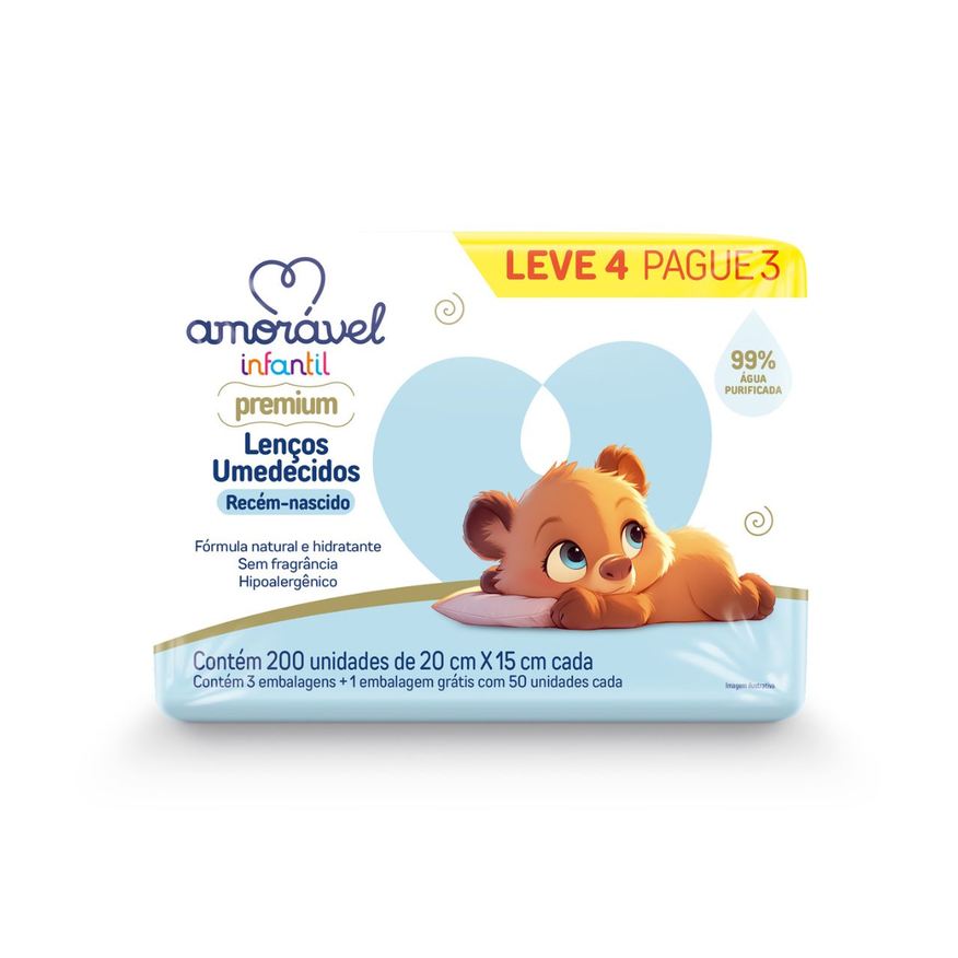 Amoravel Lenço Umedecido Amorável Infantil 99% Água 50 Unidades