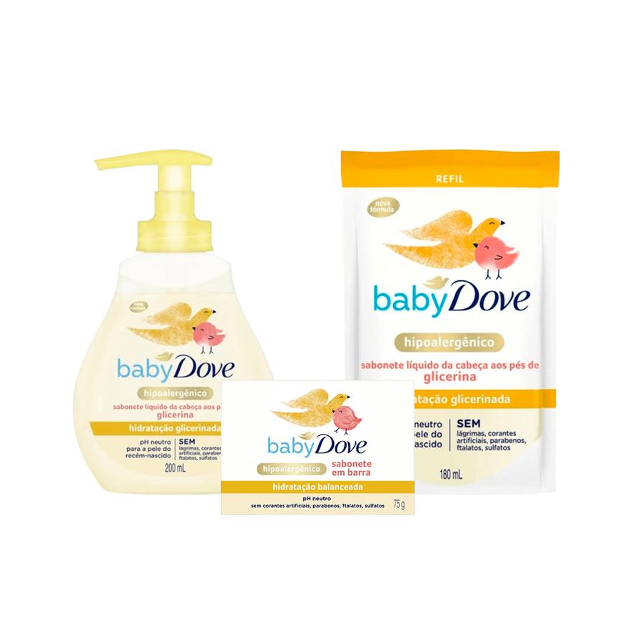 Dove Kit Infantil Hidratação Glicerinada Sabonete Líquido 200ml + Refil Sabonete Líquido 180ml + Sabonete em Barra 75g