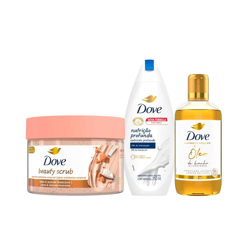 Dove Kit Banho Sabonete Esfoliante Coco Beauty Scrub 280g + Sabonete Líquido Óleo de Banho 240ml + Sabonete Líquido Nutrição 250ml