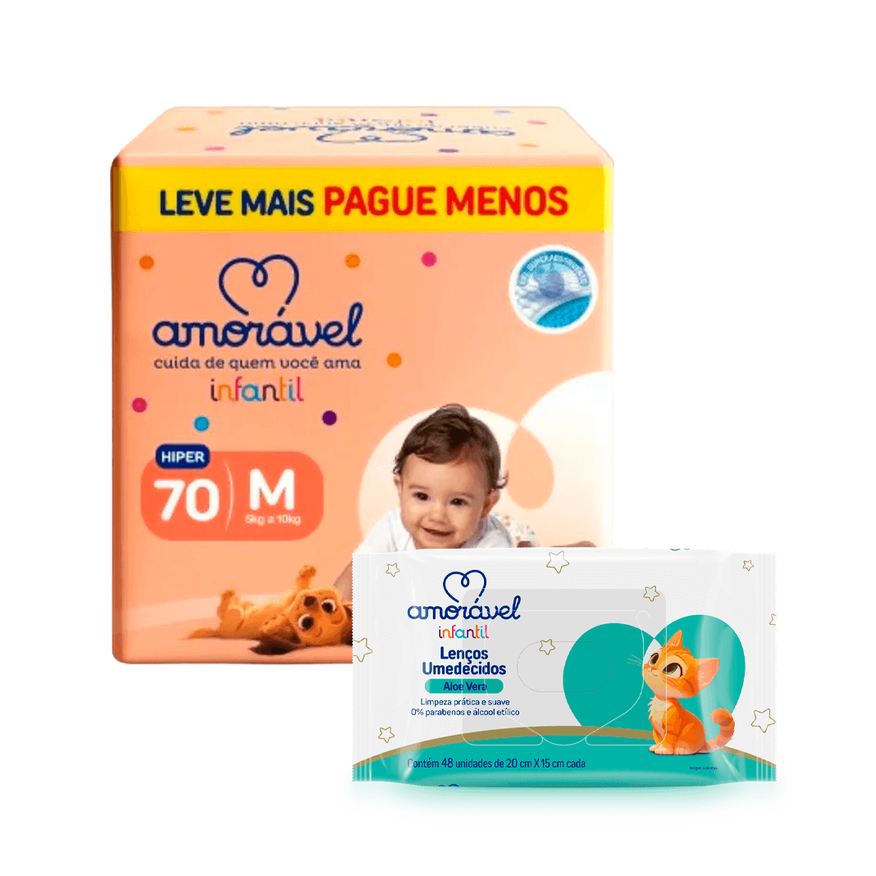 Amoravel Kit Amorável Fralda Amorável Basic M 70 Uni + Lenço Umedecido Amorável Baby Aloe Vera 48 Uni