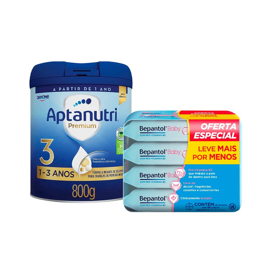 Danone Kit Aptanutri & Bepantol Fórmula Infantil Premium 3 800g + Lenços Umedecidos Sem Fragrância Hipoalergênico com Pró-Vitamina B5 48 Unidades