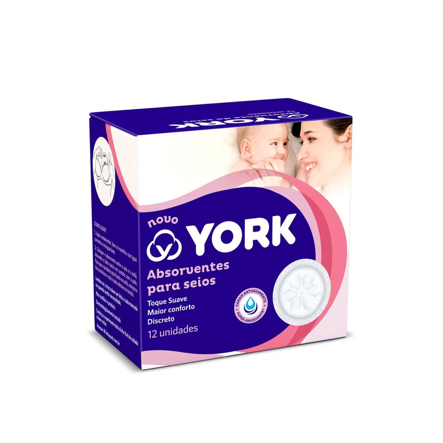 York Absorvente para Seios Descartável Anatômico Algodão 12 Unidades
