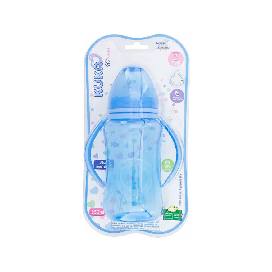 Kuka Mamadeira Aquarela Big Ortodôntica com Alça +6 meses Azul 330ml 1 Unidade