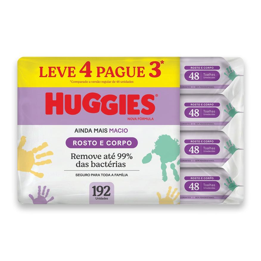 Huggies Lenços Umedecidos Rosto e Corpo Limpeza 4 x 48 Unidades