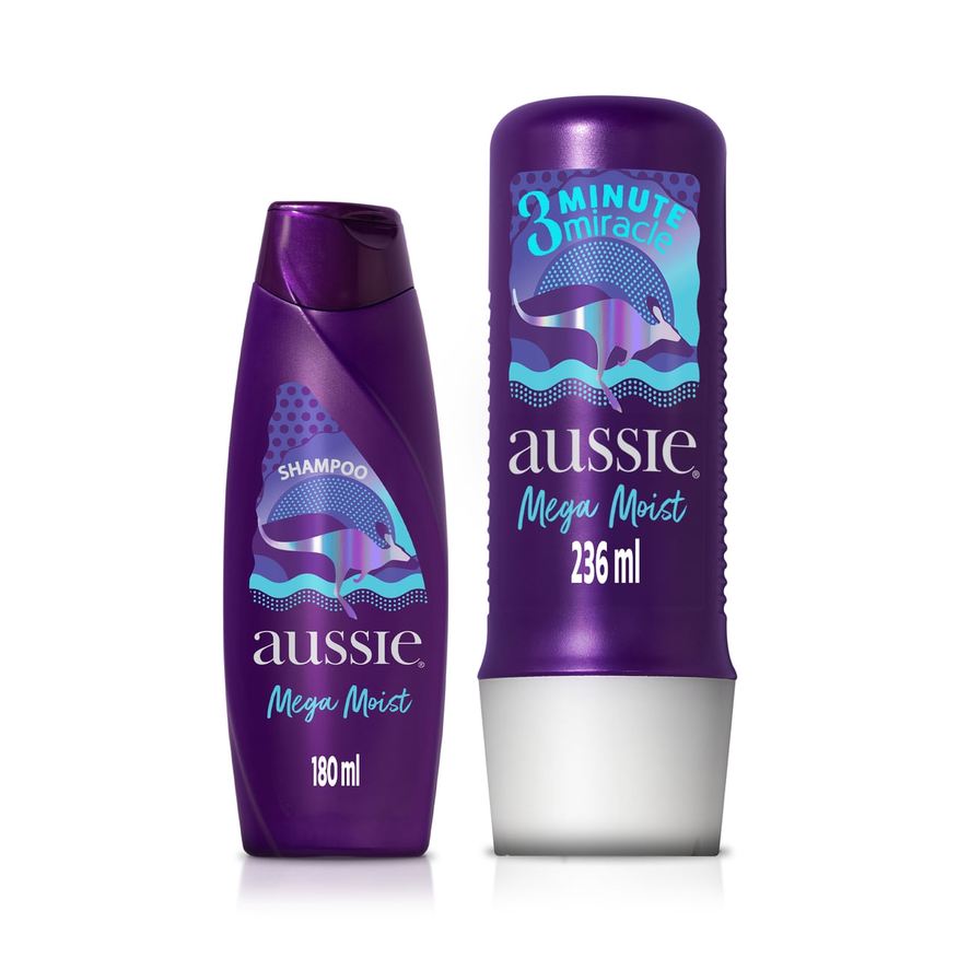 Aussie Kit Shampoo Mega Moist 180ml 1 Unidade + Creme de Tratamento Capilar Aussie 3 Minute Miracle Moist Hidratação 236ml 1 Unidade