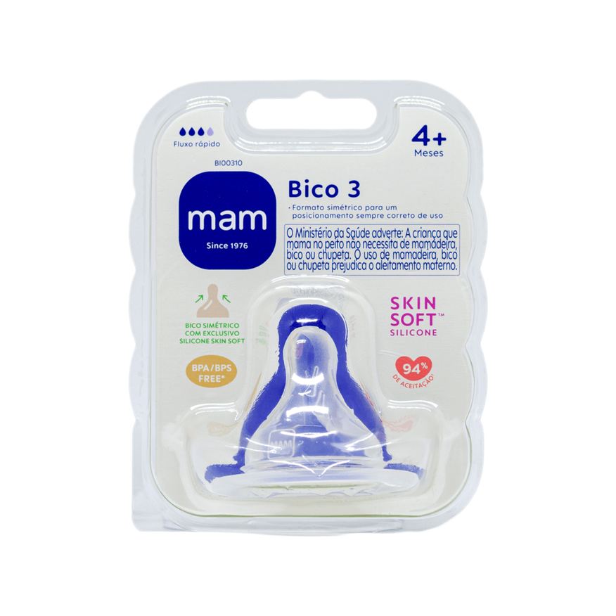MAM Bico para Mamadeira Ortodôntico Fluxo Rápido Anticólica +4 meses Silicone 1 Unidade