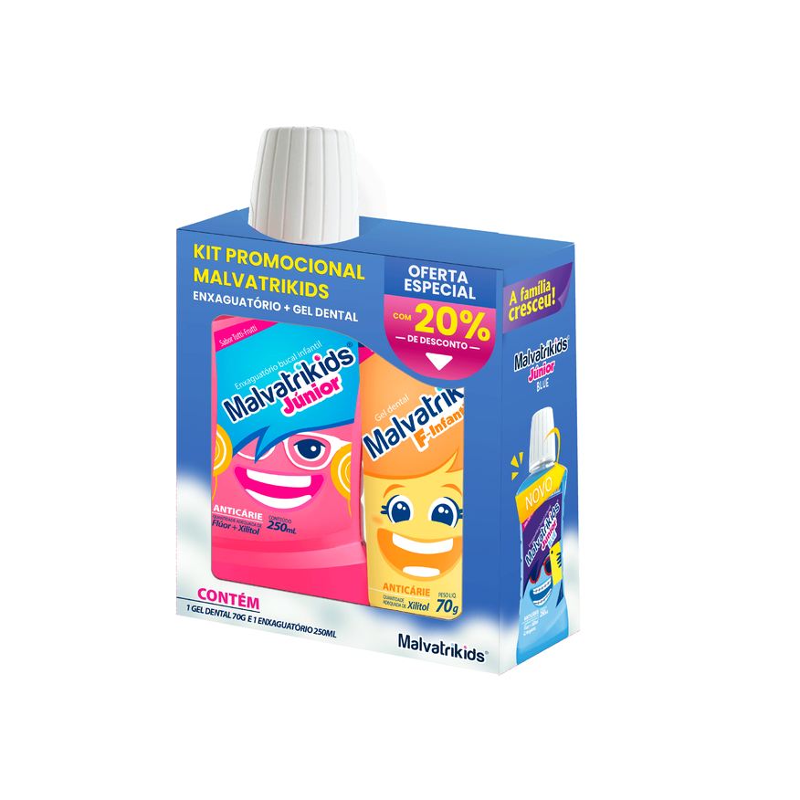 Malvatrikids Kit Enxaguante Bucal Infantil Júnior Anticárie 250ml + Gel Dental Infantil F-Intantil Anticárie 70g Especial 20% de