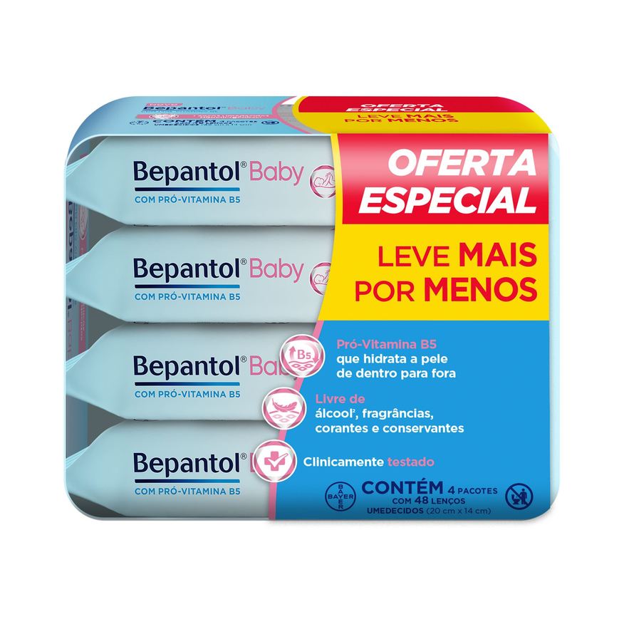 Bepantol Lenços Umedecidos Baby Sem Fragrância Hipoalergênico com Pró-Vitamina B5 48 Unidades 4 pacotes